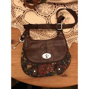 Fossil brown leather multi color flower print bag